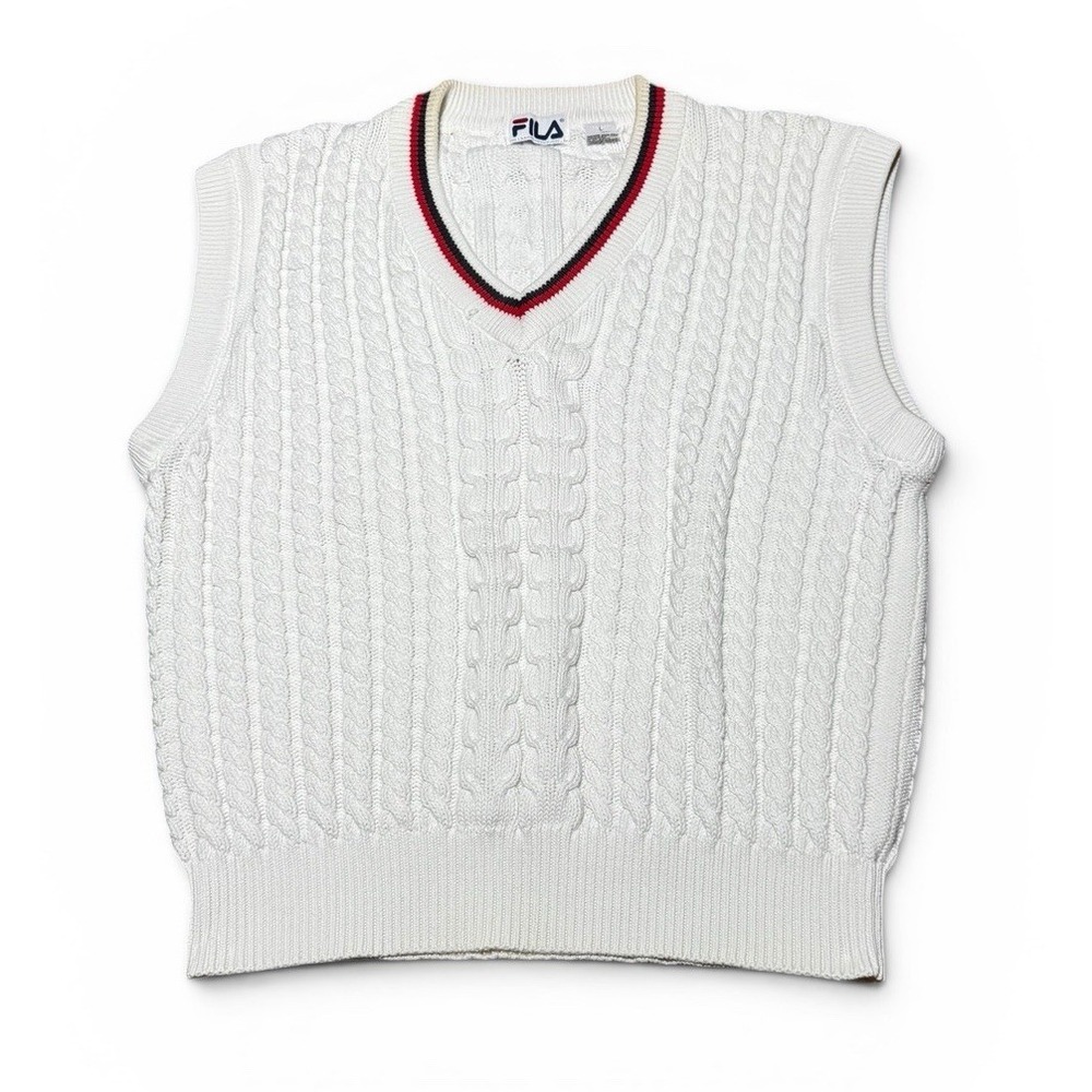 Vintage FILA Cable Knit Sweater Vest White V Neck Men's Size L 100% Cotton